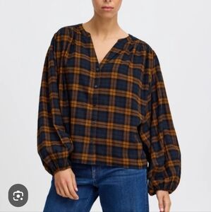 NWT ICHI Studio Plaid Button-Up Women's Top